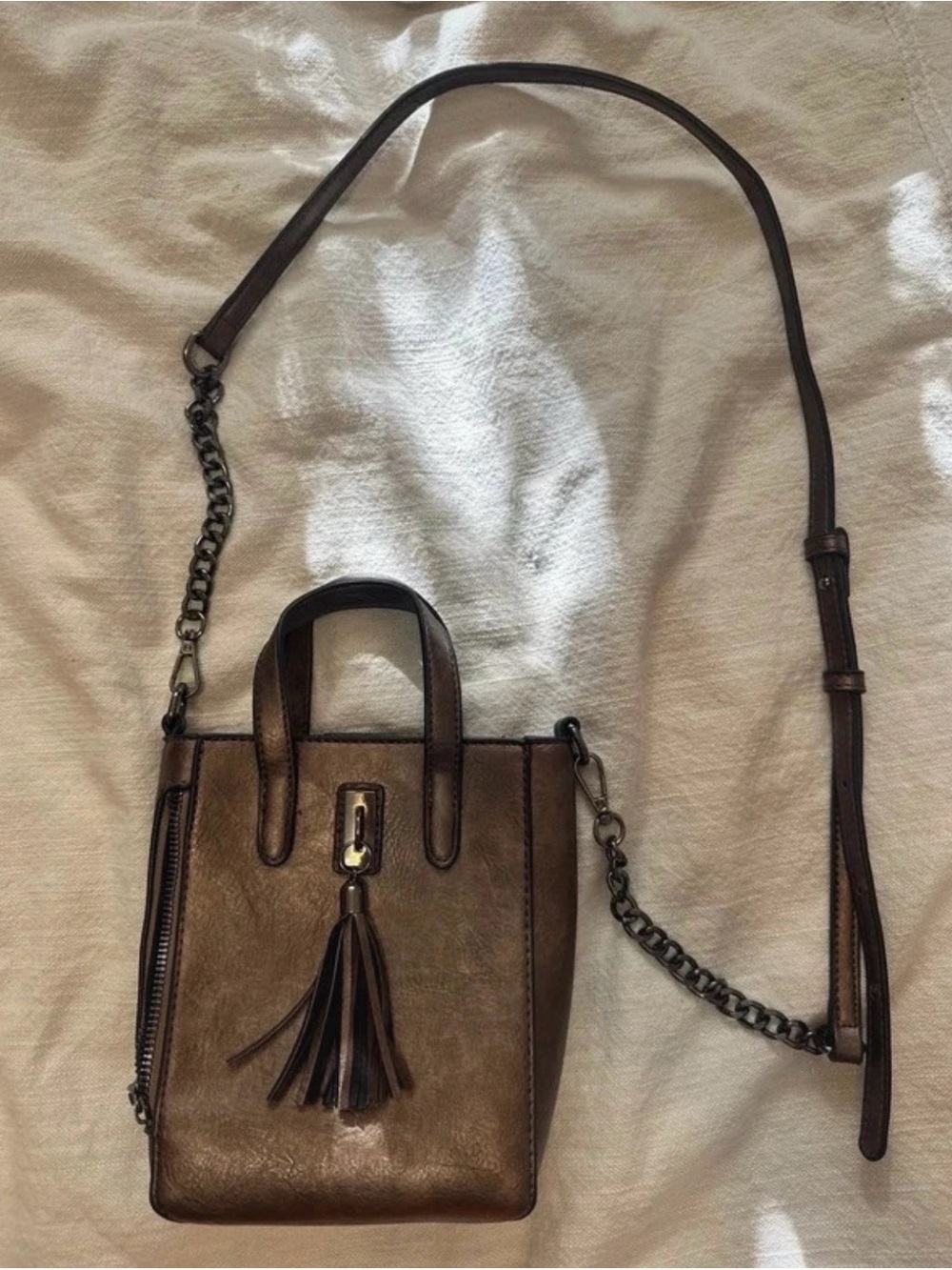 Compact Brown Leather Crossbody with Tassel Accent